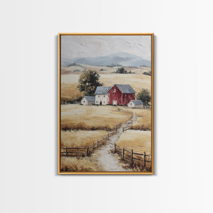 Country Landscape with Fence and Rolling Hills Framed Canvas Print, Farmhouse Art, Textured Painting, Farmhouse Decor, Harvest, FAR-2x3-46