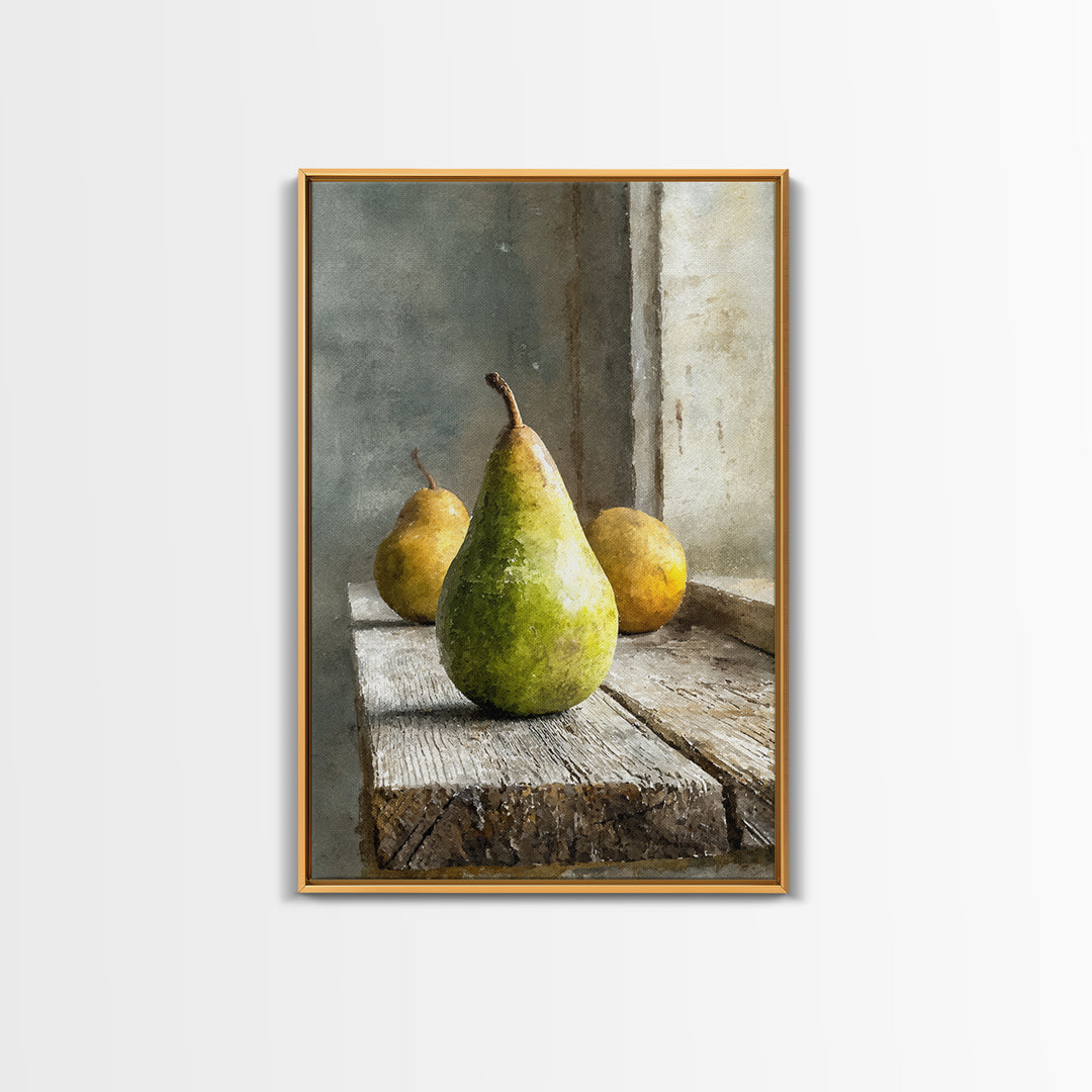 Rustic Pear Still Life on Plank Wood Framed Canvas Print, Farmhouse Art, Room Decor, Farmhouse Decor, Oil Painting, Harvest, FAR-2x3-51