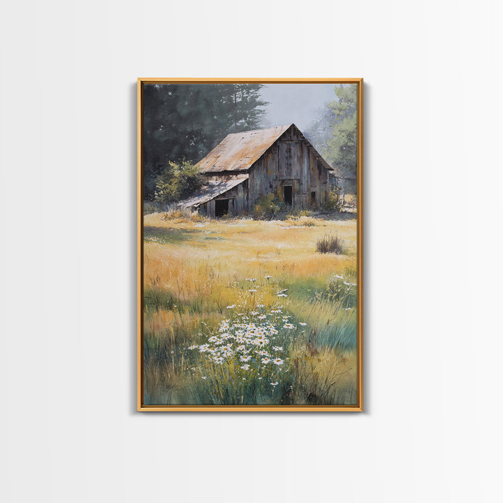 Rustic Barn in Golden Field Light Canvas Print, Farmhouse Art, Digital Prints, Farmhouse Decor, Harvest, Watercolor Painting, FAR-2x3-58