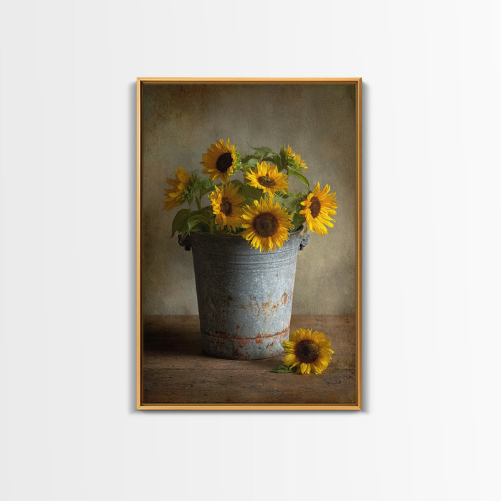 Sunflowers in a Galvanized Metal Bucket Framed Canvas Print, Farmhouse Art, Art, Farmhouse Decor, Watercolor Art, Harvest, FAR-2x3-59