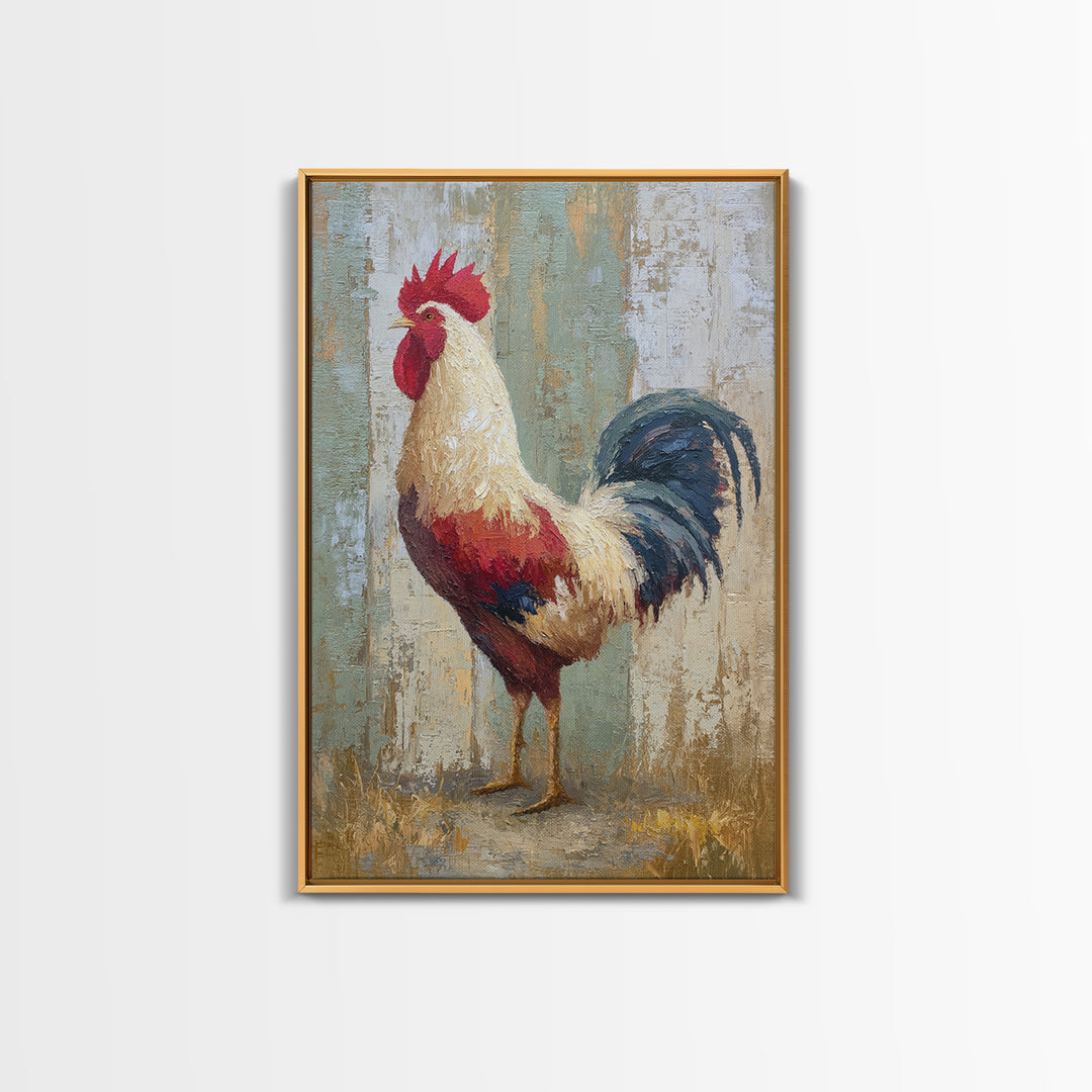 Rooster Painted in Cheerful Folk Colors Framed Canvas Print, Farmhouse Art, Wall Art, Farmhouse Decor, Fine Art, Harvest, FAR-2x3-60
