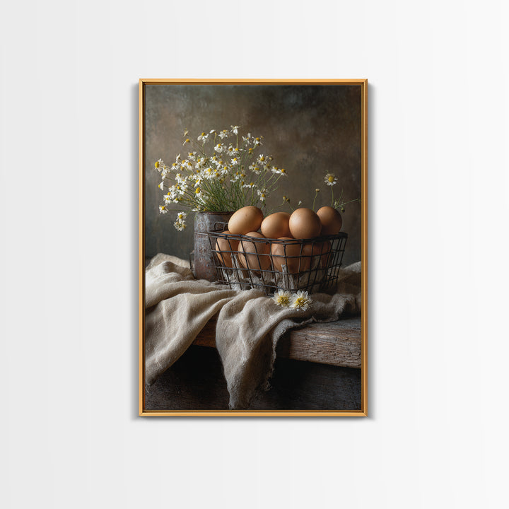 Fresh Eggs in a Wire Basket Canvas Print, Farmhouse Art, Farmhouse Decor, Abstract Art, Harvest, Sage Green Wall Art, FAR-2x3-62