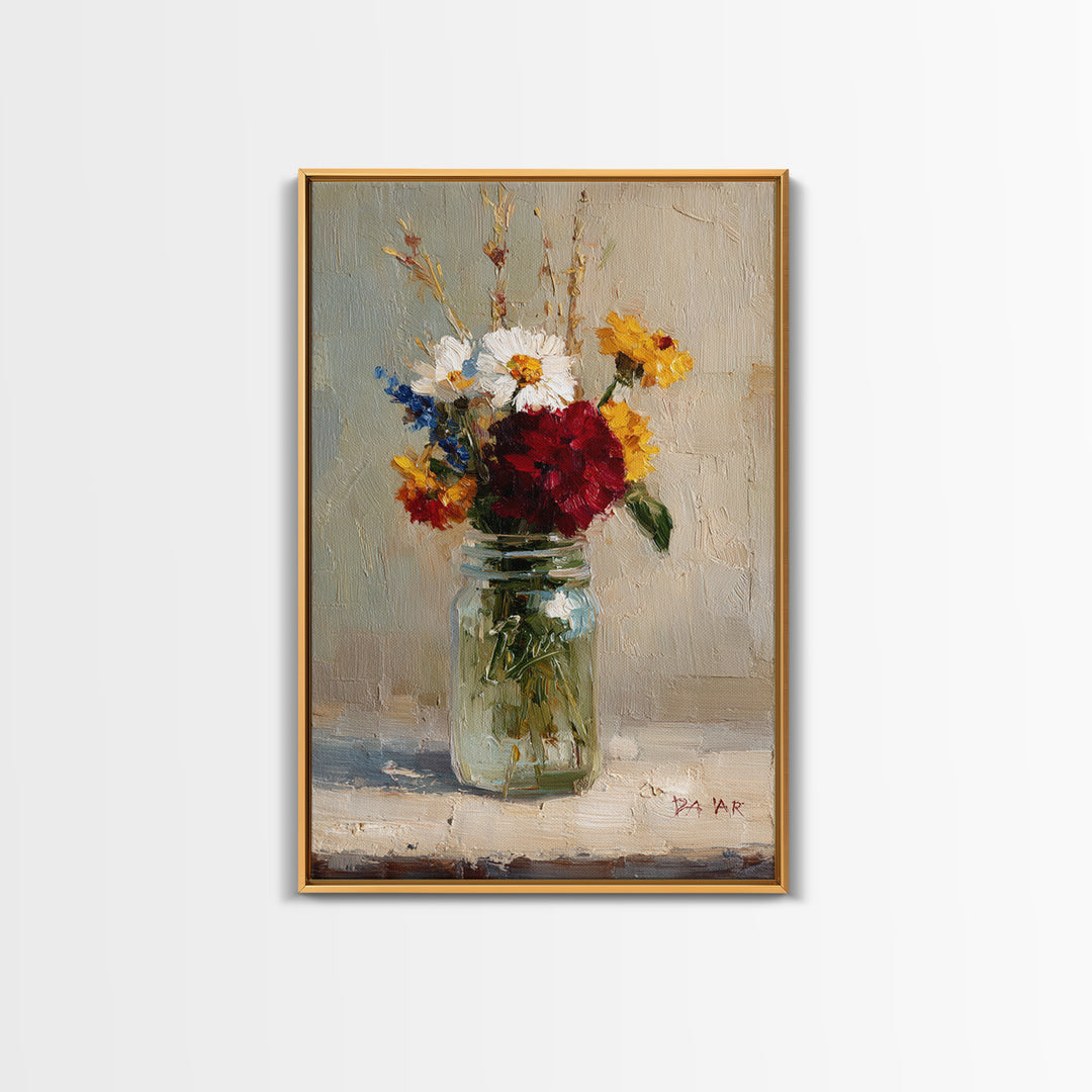 Wildflowers in a Mason Jar on Linen Framed Canvas Print, Farmhouse Art, Wall Decor, Farmhouse Decor, Fine Art, Harvest, FAR-2x3-63