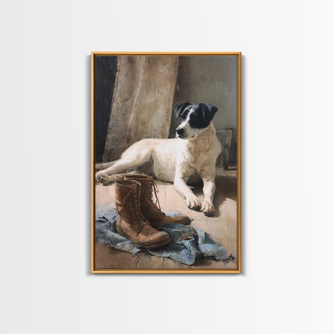 Farm Dog Lying Beside Weathered Boots Canvas Print, Farmhouse Art, Digital Wall Art, Farmhouse Decor, Fine Art, Harvest, FAR-2x3-65