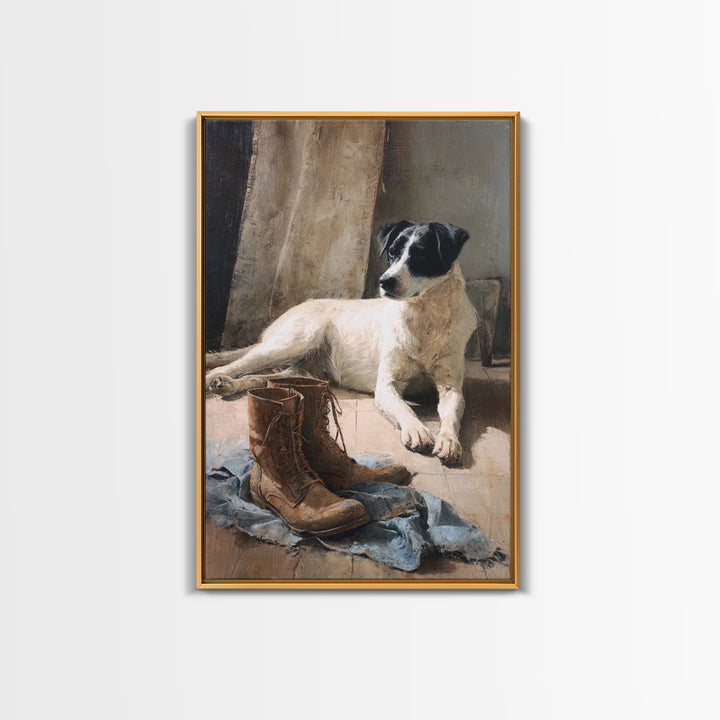 Farm Dog Lying Beside Weathered Boots Canvas Print, Farmhouse Art, Digital Wall Art, Farmhouse Decor, Fine Art, Harvest, FAR-2x3-65
