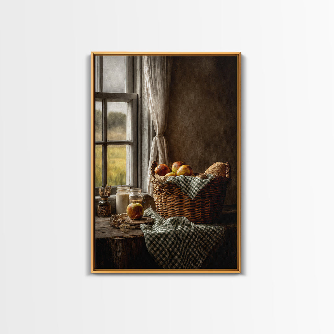 Apple Basket with Gingham Cloth Canvas Print, Farmhouse Art, Digital Prints, Farmhouse Decor, Harvest, Watercolor Painting, FAR-2x3-67