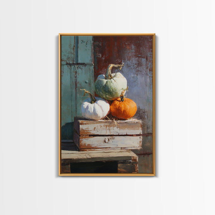 Pumpkins Stacked on a Wooden Crate Framed Canvas Print, Farmhouse Art, Digital Print, Farmhouse Decor, Fine Art, Harvest, FAR-2x3-69