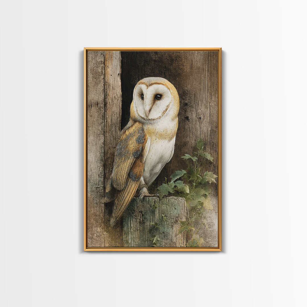 Barn Owl Perched on Aged Wood Canvas Print, Farmhouse Art, Floral Wall Art, Farmhouse Decor, Fine Art, Harvest, Boho Decor, FAR-2x3-7