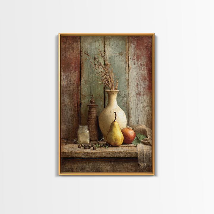 Rustic Pear Still Life on Plank Wood Framed Canvas Print, Farmhouse Art, Digital Art, Farmhouse Decor, Fine Art, Harvest, FAR-2x3-75
