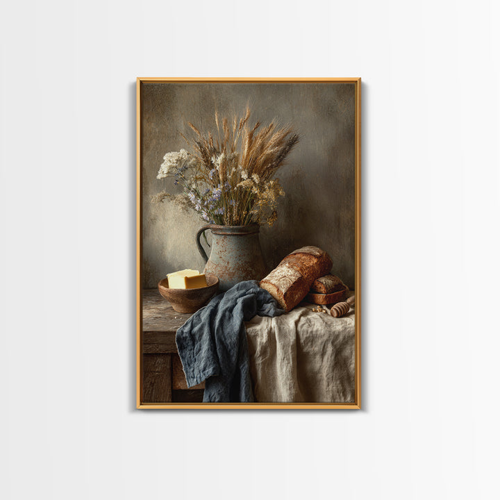 Fresh Bread Honey and Butter Still Life Framed Canvas Print, Farmhouse Art, Black Wall Art, Farmhouse Decor, Oil Painting, FAR-2x3-8
