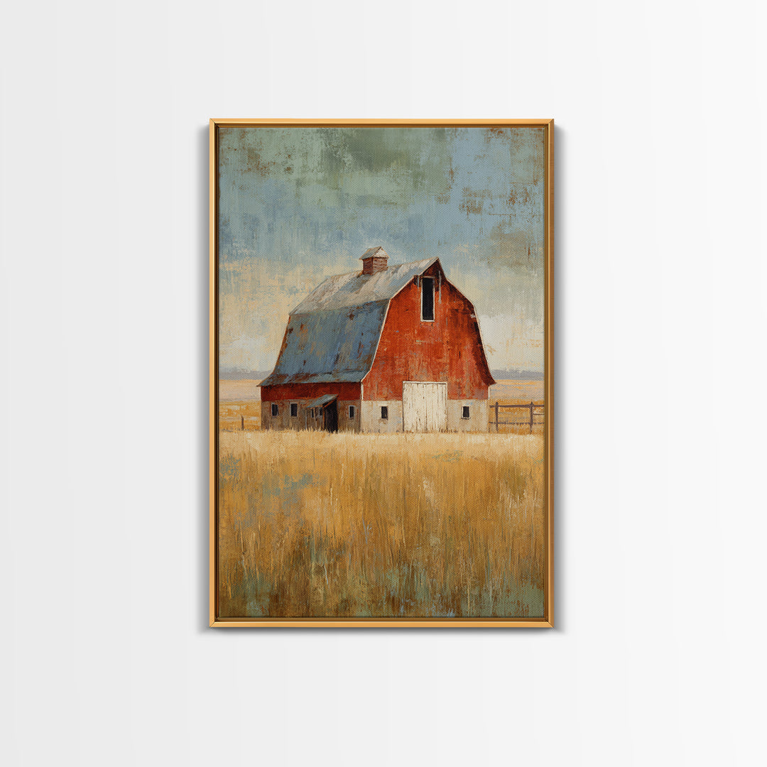 Rustic Barn in Golden Field Light Canvas Print, Farmhouse Art, Digital Prints, Farmhouse Decor, Harvest, Watercolor Painting, FAR-2x3-82