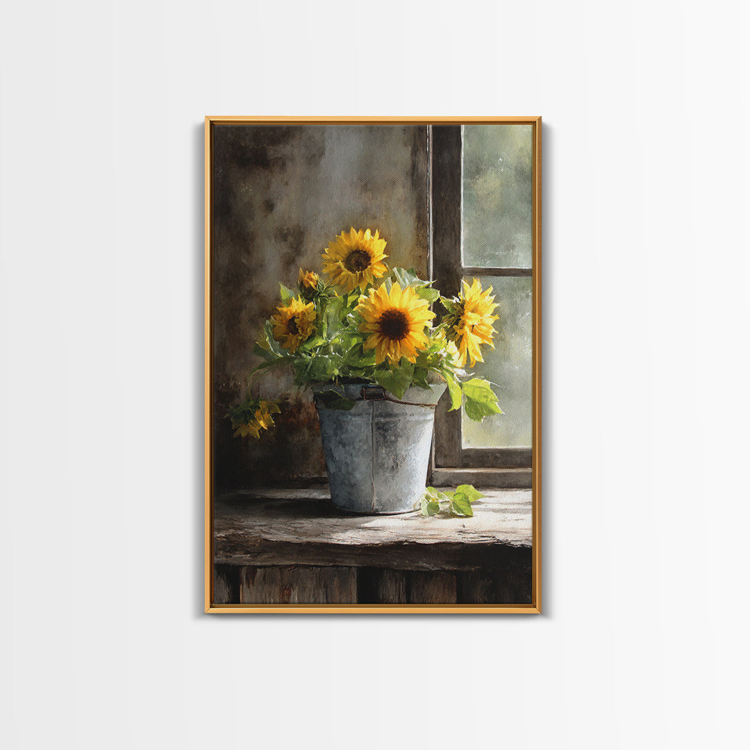 Sunflowers in a Galvanized Metal Bucket Framed Canvas Print, Farmhouse Art, Living Room Decor, Farmhouse Decor, Harvest, FAR-2x3-83