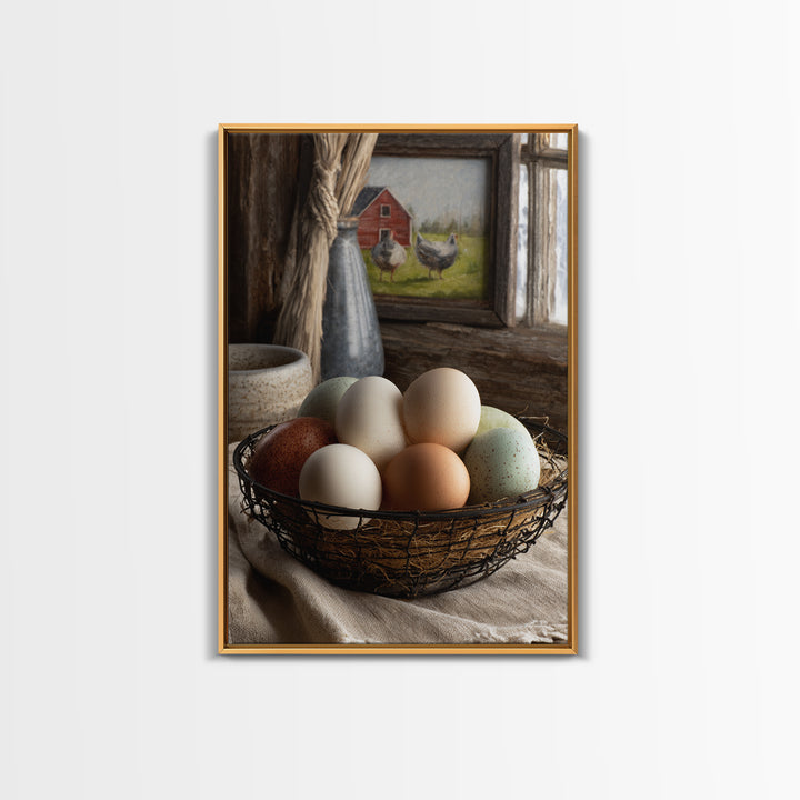 Fresh Eggs in a Wire Basket Canvas Print, Farmhouse Art, Farmhouse Decor, Abstract Art, Harvest, Sage Green Wall Art, FAR-2x3-86