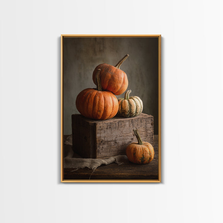 Pumpkins Stacked on a Wooden Crate Framed Canvas Print, Farmhouse Art, Digital Print, Farmhouse Decor, Fine Art, Harvest, FAR-2x3-93