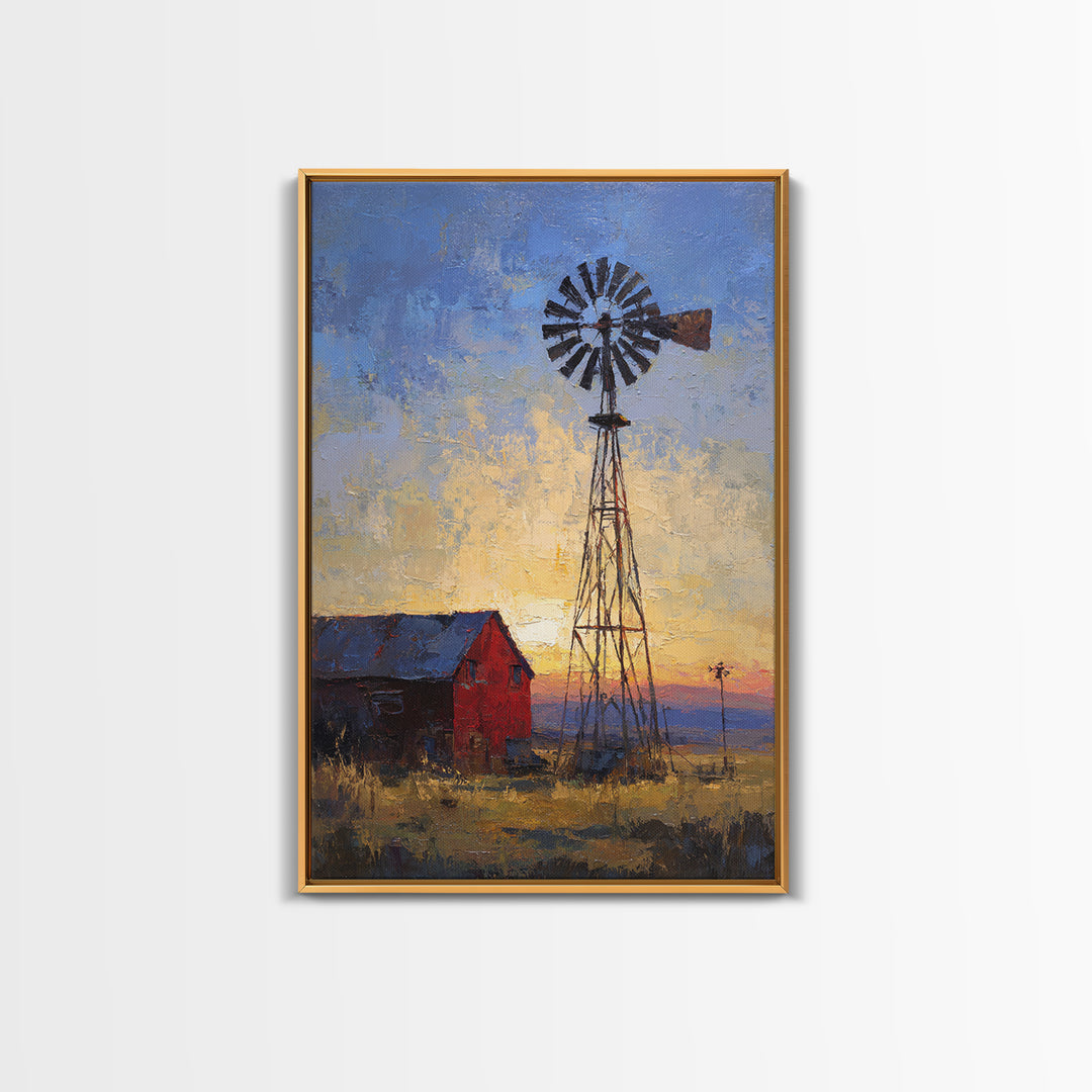 Windmill Silhouette at Sunset Framed Canvas Print, Farmhouse Art, Printable Art, Farmhouse Decor, Harvest, Landscape Painting, FAR-2x3-97
