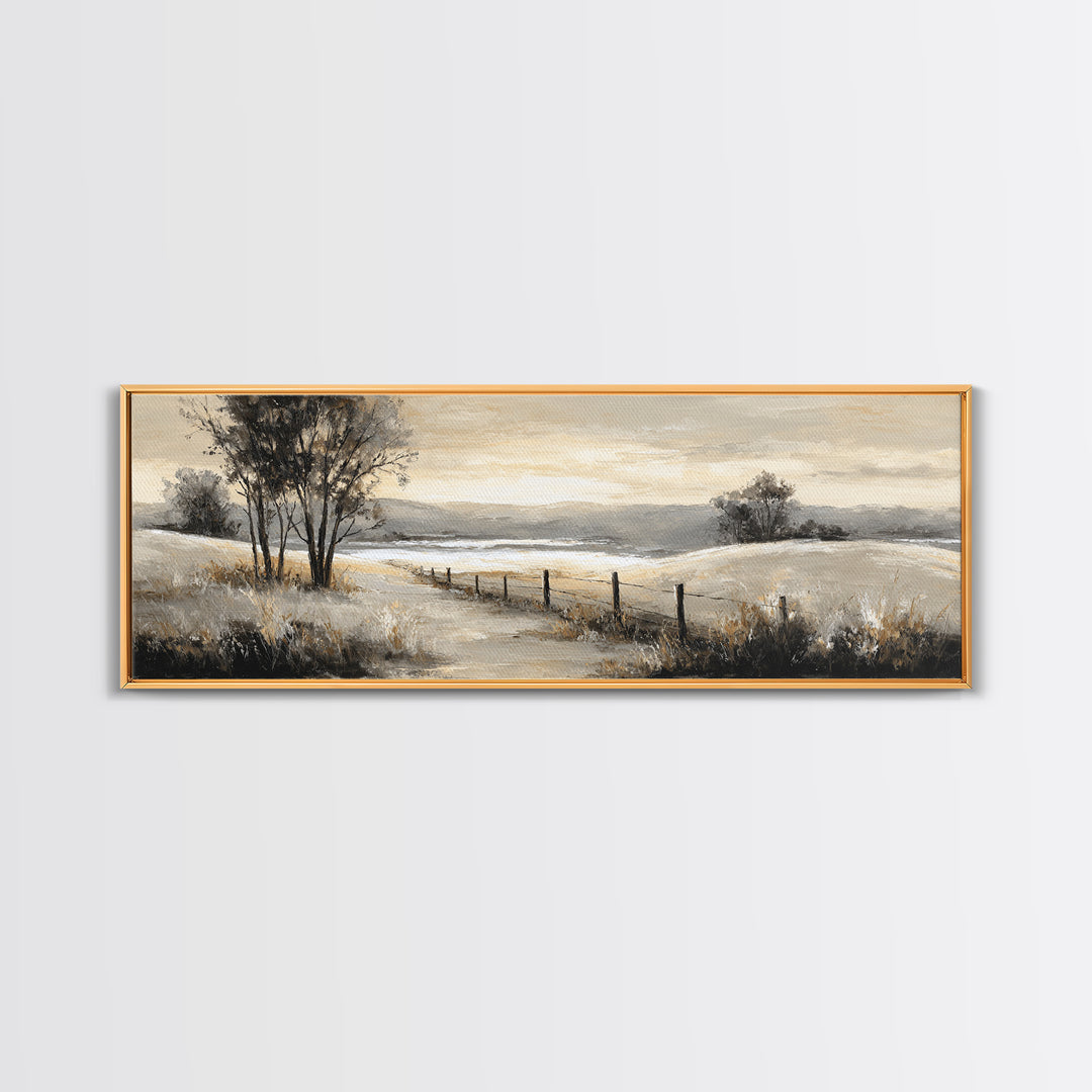 Rustic Barn in Golden Field Light Framed Canvas Print, Farmhouse Art, Oil Painting, Farmhouse Decor, Fine Art, Harvest, FAR-3x1-18