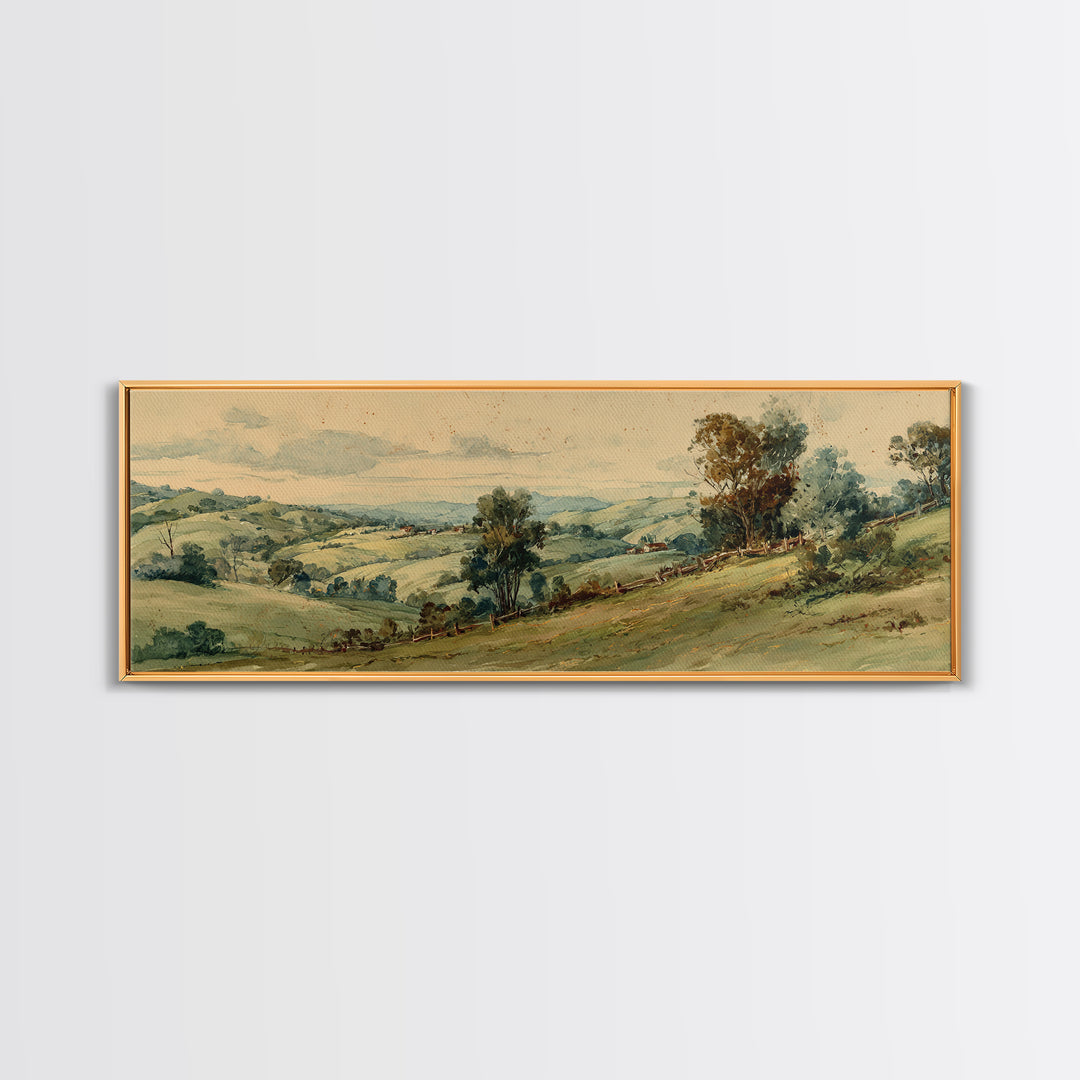 Country Landscape with Fence and Rolling Hills Canvas Print, Farmhouse Art, Farmhouse Wall Decor, Farmhouse Decor, Harvest, FAR-3x1-6