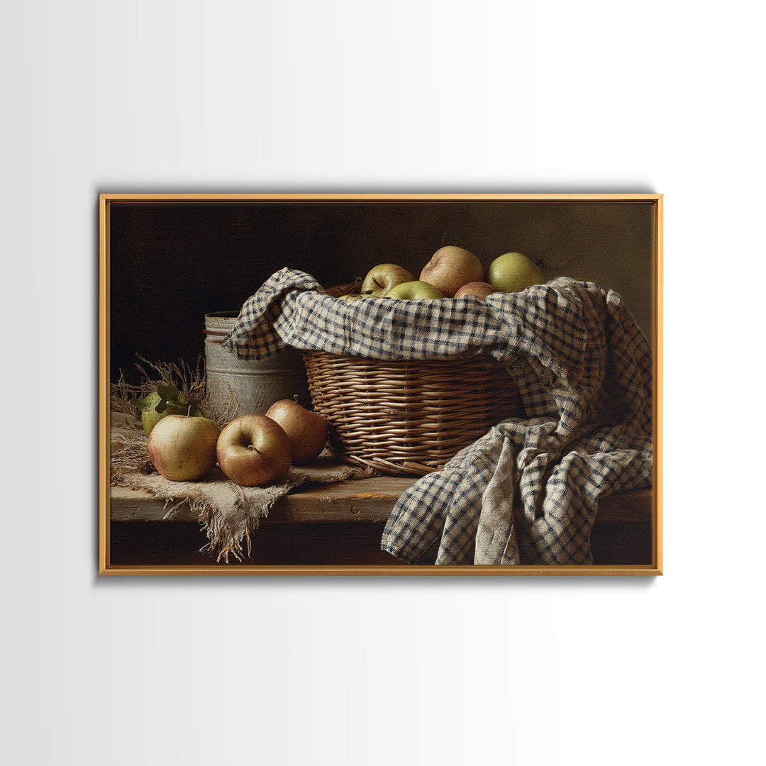 Apple Basket with Gingham Cloth Framed Canvas Print, Farmhouse Art, Oil Painting, Farmhouse Decor, Fine Art, Harvest, FAR-3x2-15