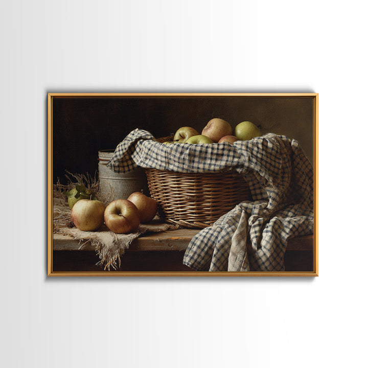 Apple Basket with Gingham Cloth Framed Canvas Print, Farmhouse Art, Oil Painting, Farmhouse Decor, Fine Art, Harvest, FAR-3x2-15