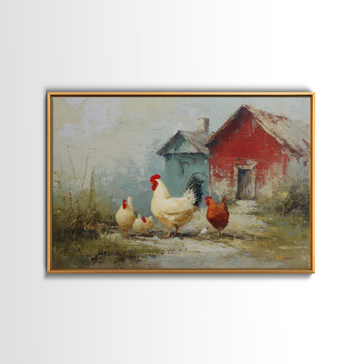 Chicken Family in a Garden Patch Framed Canvas Print, Farmhouse Art, Floral Wall Art, Farmhouse Decor, Fine Art, Harvest, FAR-3x2-19