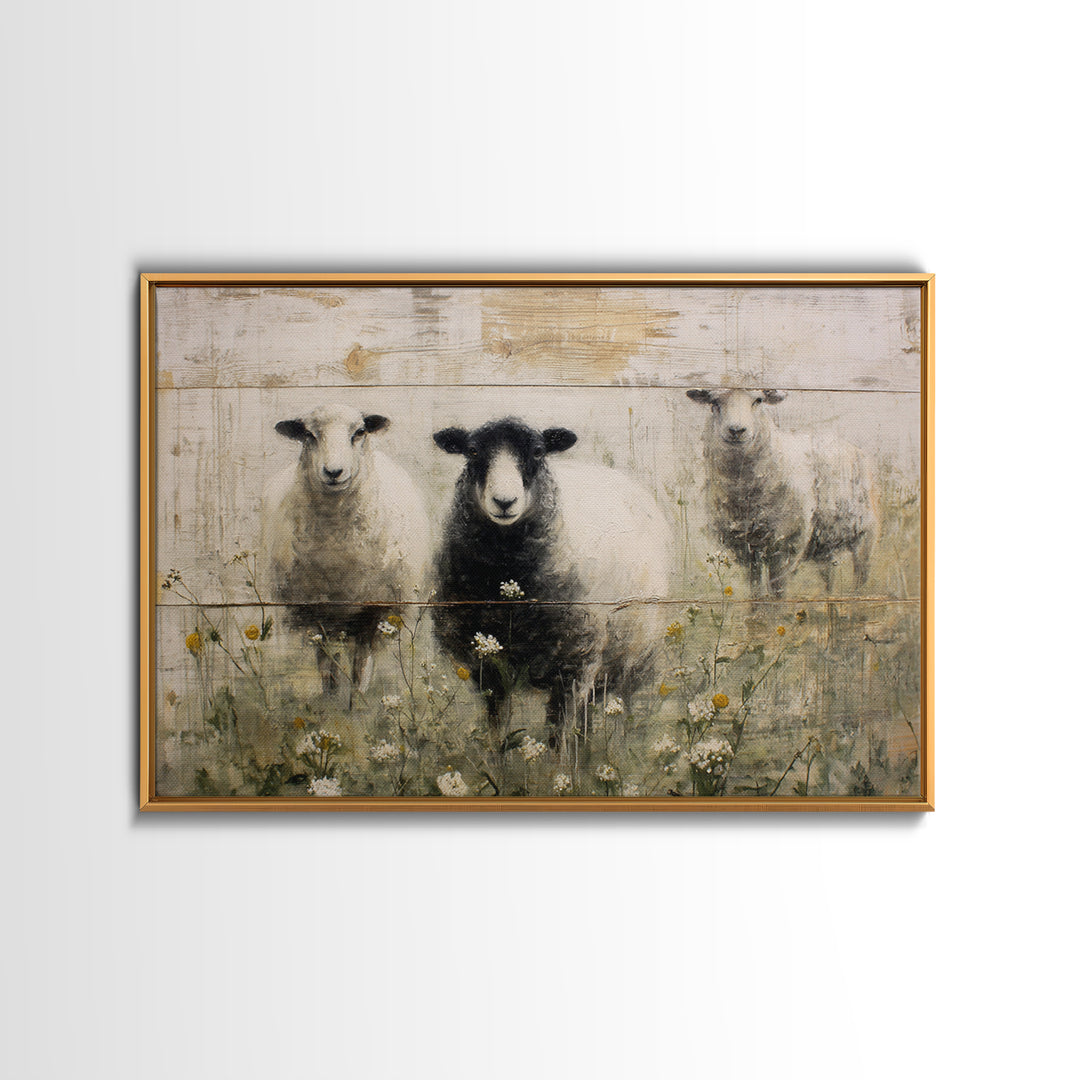Black and White Sheep Framed Canvas Print, Farmhouse Art, Sage Green Wall Art, Farmhouse Decor, Harvest, Gallery Decor, FAR-3x2-36