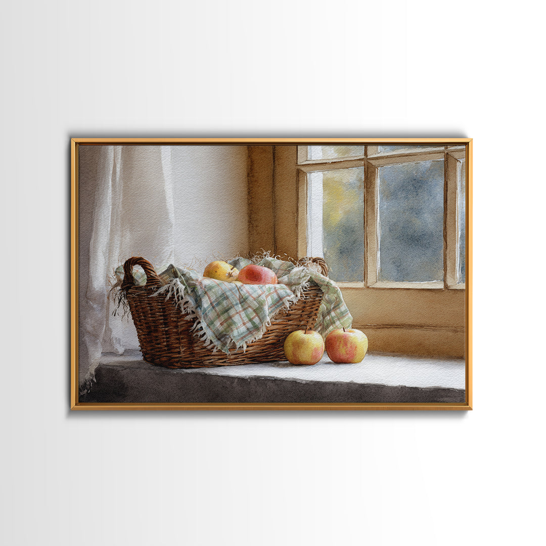 Apple Basket with Gingham Cloth Framed Canvas Print, Farmhouse Art, Neutral Decor, Farmhouse Decor, Fine Art, Harvest, FAR-3x2-39