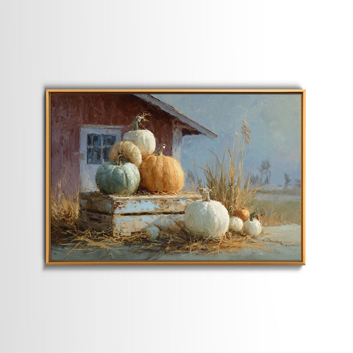 Pumpkins Stacked on a Wooden Crate Framed Canvas Print, Farmhouse Art, Botanical Prints, Farmhouse Decor, Watercolor Art, FAR-3x2-41