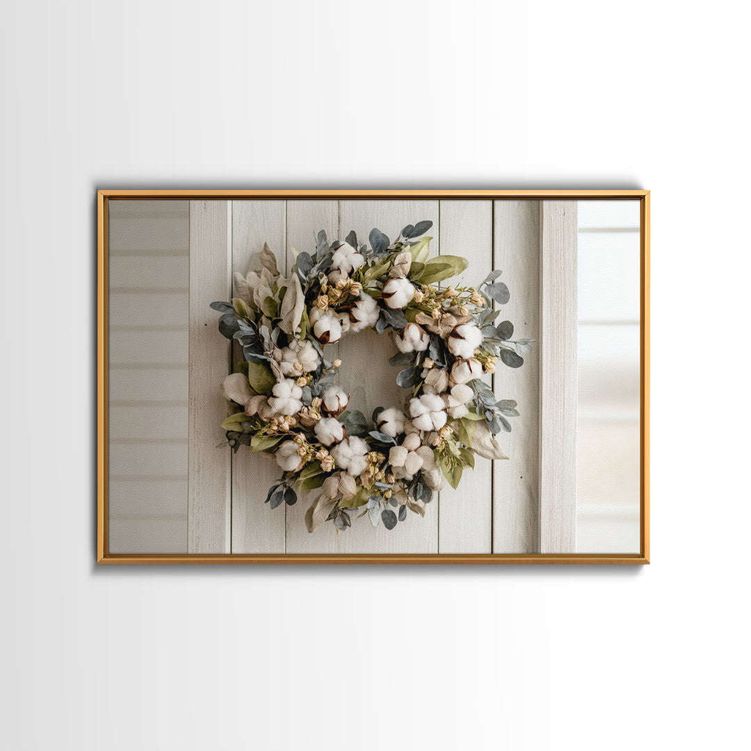 Farmhouse Wreath of Cotton Stems and Eucalyptus Canvas Print, Farmhouse Art, Farmhouse Wall Decor, Farmhouse Decor, Harvest, FAR-3x2-48