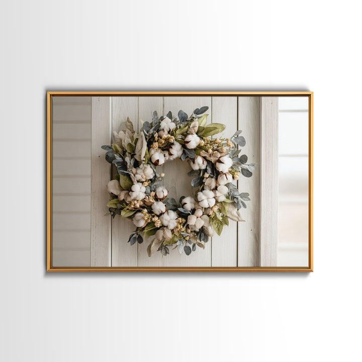 Farmhouse Wreath of Cotton Stems and Eucalyptus Canvas Print, Farmhouse Art, Farmhouse Wall Decor, Farmhouse Decor, Harvest, FAR-3x2-48