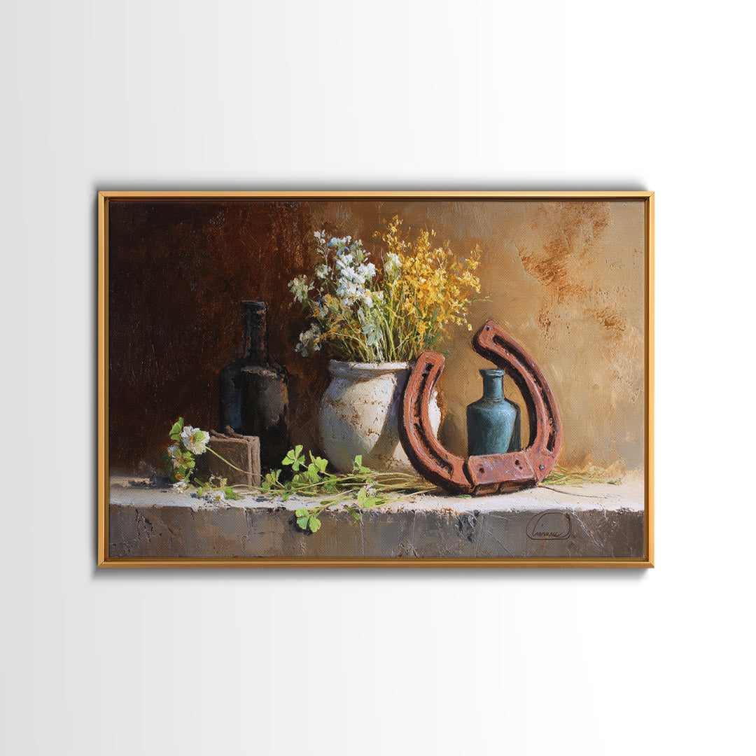 Weathered Horseshoe and Wildflowers Canvas Print, Farmhouse Art, Landscape Painting, Farmhouse Decor, Oil Painting, Harvest, FAR-3x2-49