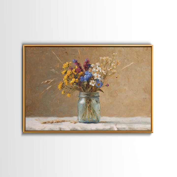 Wildflowers in a Mason Jar on Linen Framed Canvas Print, Farmhouse Art, Art Print, Farmhouse Decor, Fine Art, Harvest, FAR-3x2-59