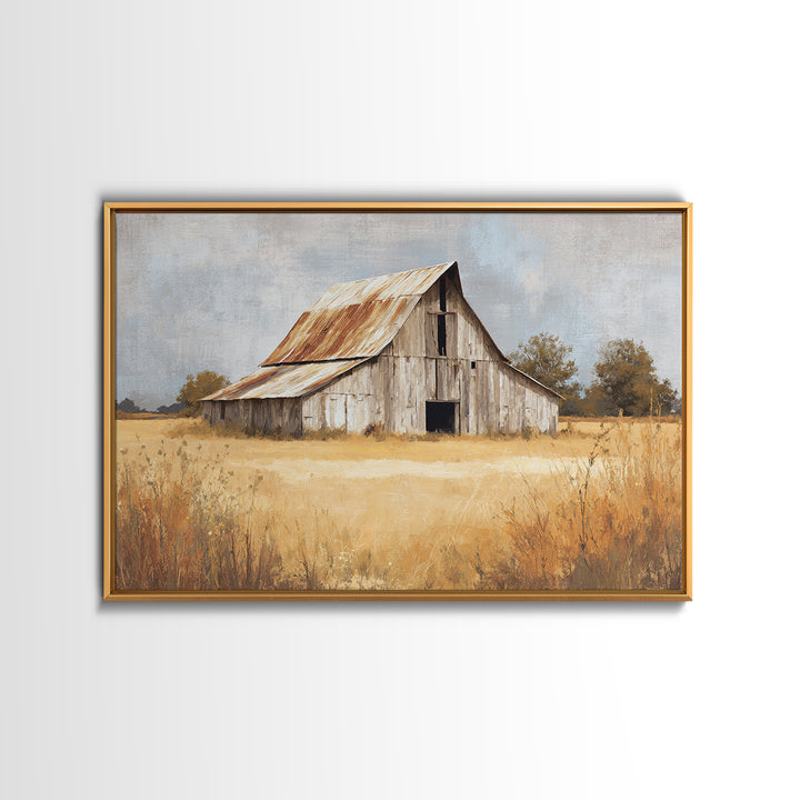 Rustic Barn in Golden Field Light Framed Canvas Print, Farmhouse Art, Digital Print, Farmhouse Decor, Fine Art, Harvest, FAR-3x2-6