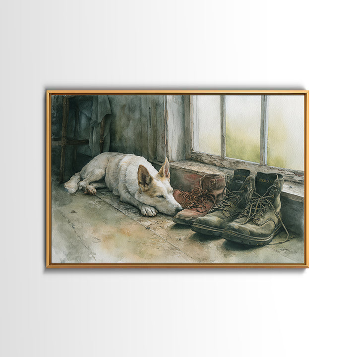 Farm Dog Lying Beside Weathered Boots Canvas Print, Farmhouse Art, Farmhouse Wall Decor, Farmhouse Decor, Oil Painting, Harvest, FAR-3x2-61