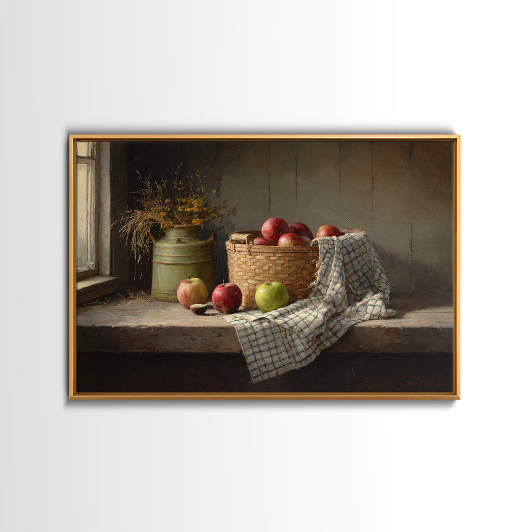 Apple Basket with Gingham Cloth Framed Canvas Print, Farmhouse Art, Digital Print, Farmhouse Decor, Fine Art, Harvest, FAR-3x2-63