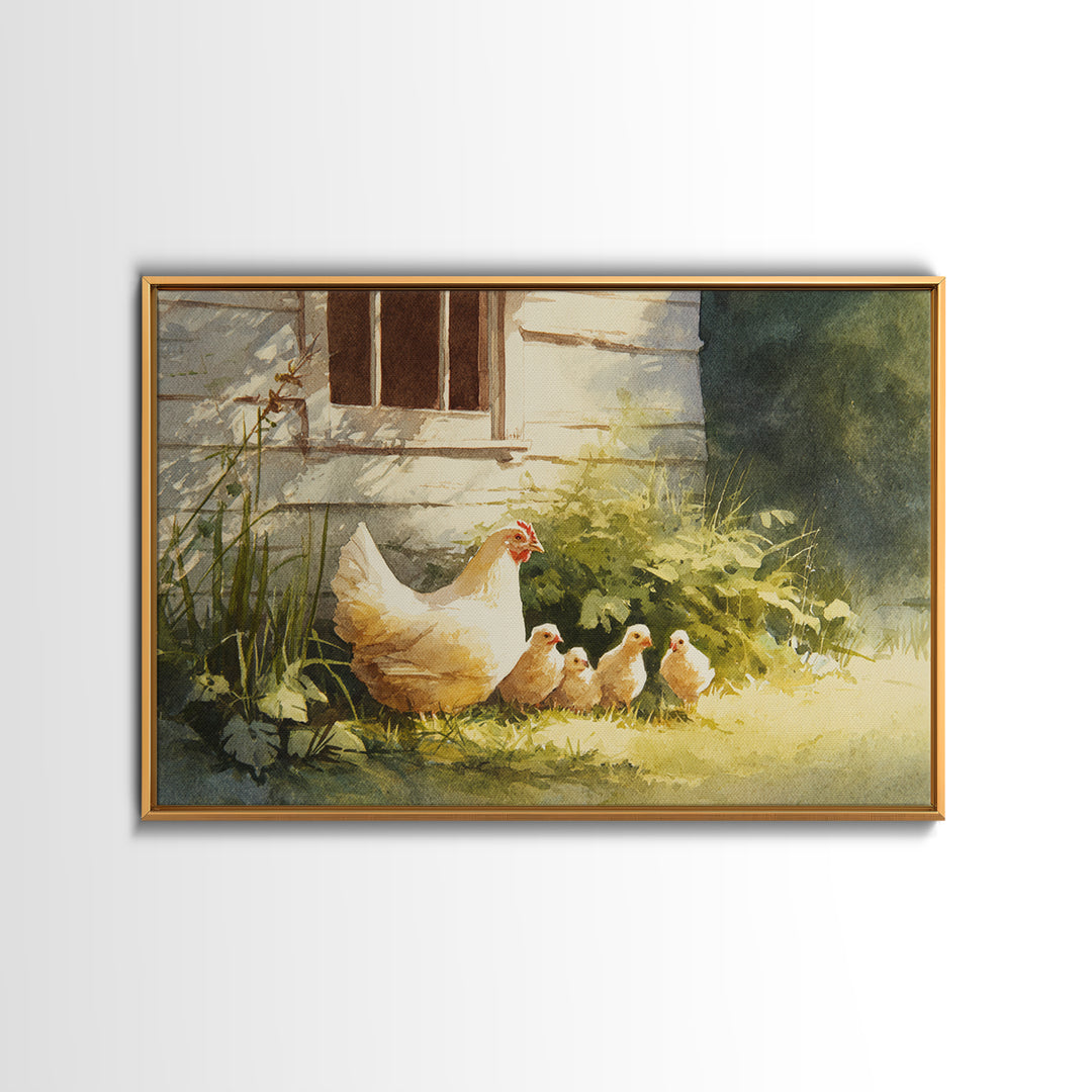 Chicken Family in a Garden Patch Canvas Print, Farmhouse Art, Textured Painting, Farmhouse Decor, Watercolor Art, Harvest, FAR-3x2-67