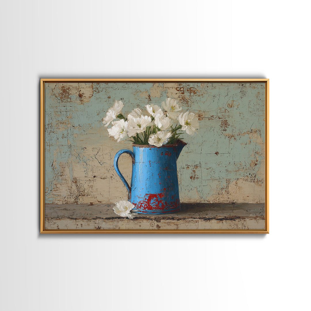 Blue Enamel Pitcher Canvas Print, Farmhouse Art, Neutral Decor, Farmhouse Decor, Oil Painting, Harvest, Wall Art, Home Decor, FAR-3x2-68