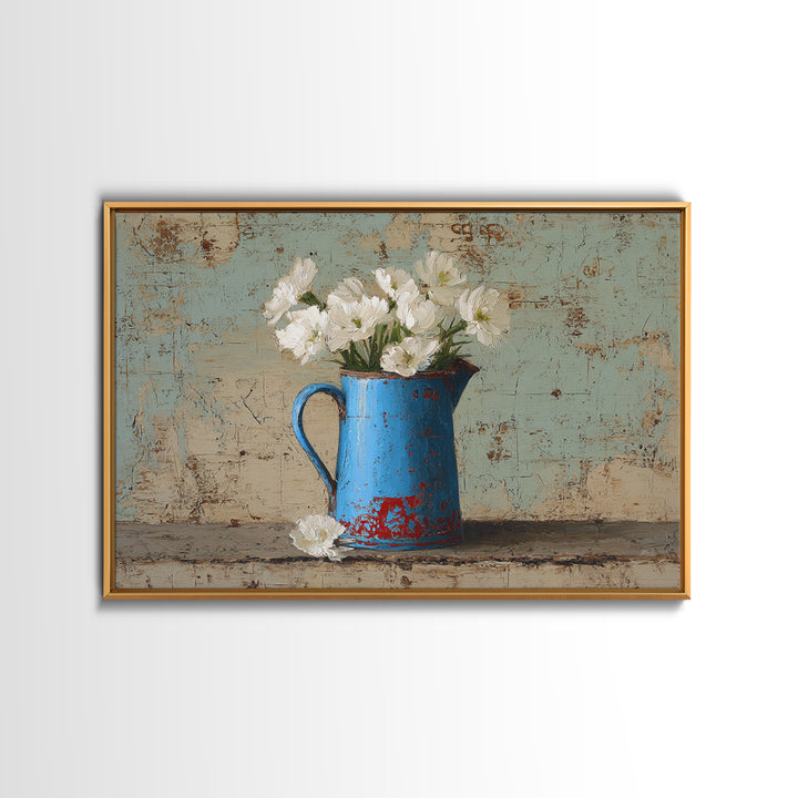 Blue Enamel Pitcher Canvas Print, Farmhouse Art, Neutral Decor, Farmhouse Decor, Oil Painting, Harvest, Wall Art, Home Decor, FAR-3x2-68
