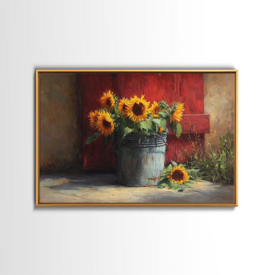 Sunflowers in a Galvanized Metal Bucket Framed Canvas Print, Farmhouse Art, Home Decor, Farmhouse Decor, Fine Art, Harvest, FAR-3x2-7