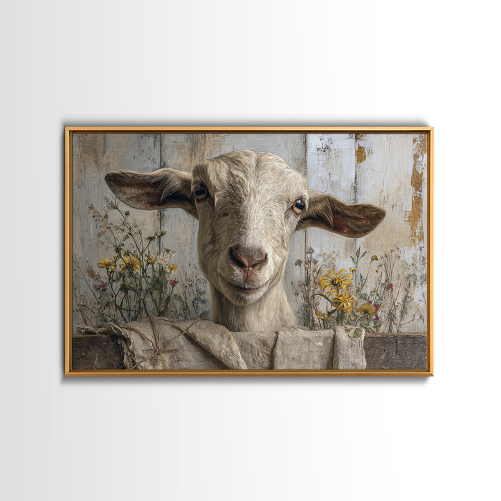 Goat Portrait with Playful Expression Framed Canvas Print, Farmhouse Art, Living Room Decor, Farmhouse Decor, Fine Art, Harvest, FAR-3x2-70