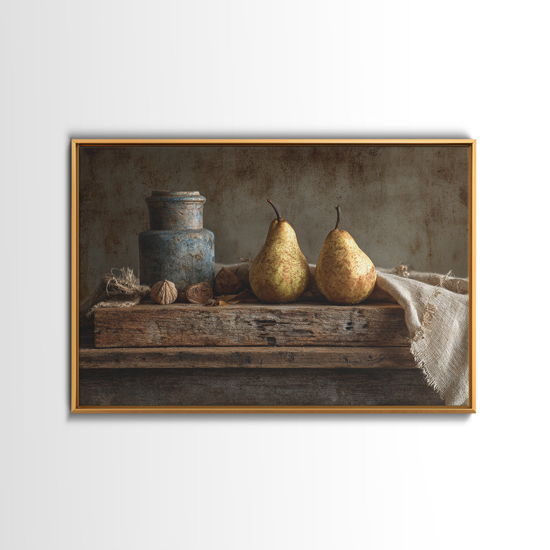 Rustic Pear Still Life on Plank Wood Framed Canvas Print, Farmhouse Art, Sage Green Wall Art, Farmhouse Decor, Watercolor Art, FAR-3x2-71
