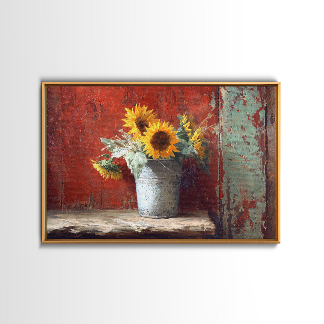 Sunflowers in a Galvanized Metal Bucket Framed Canvas Print, Farmhouse Art, Gallery Wall, Farmhouse Decor, Watercolor Art, FAR-3x2-79