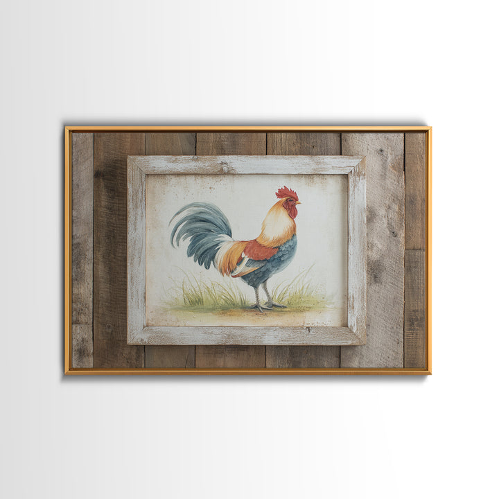 Rooster Painted in Cheerful Folk Colors Framed Canvas Print, Farmhouse Art, Printable Art, Farmhouse Decor, Oil Painting, FAR-3x2-8