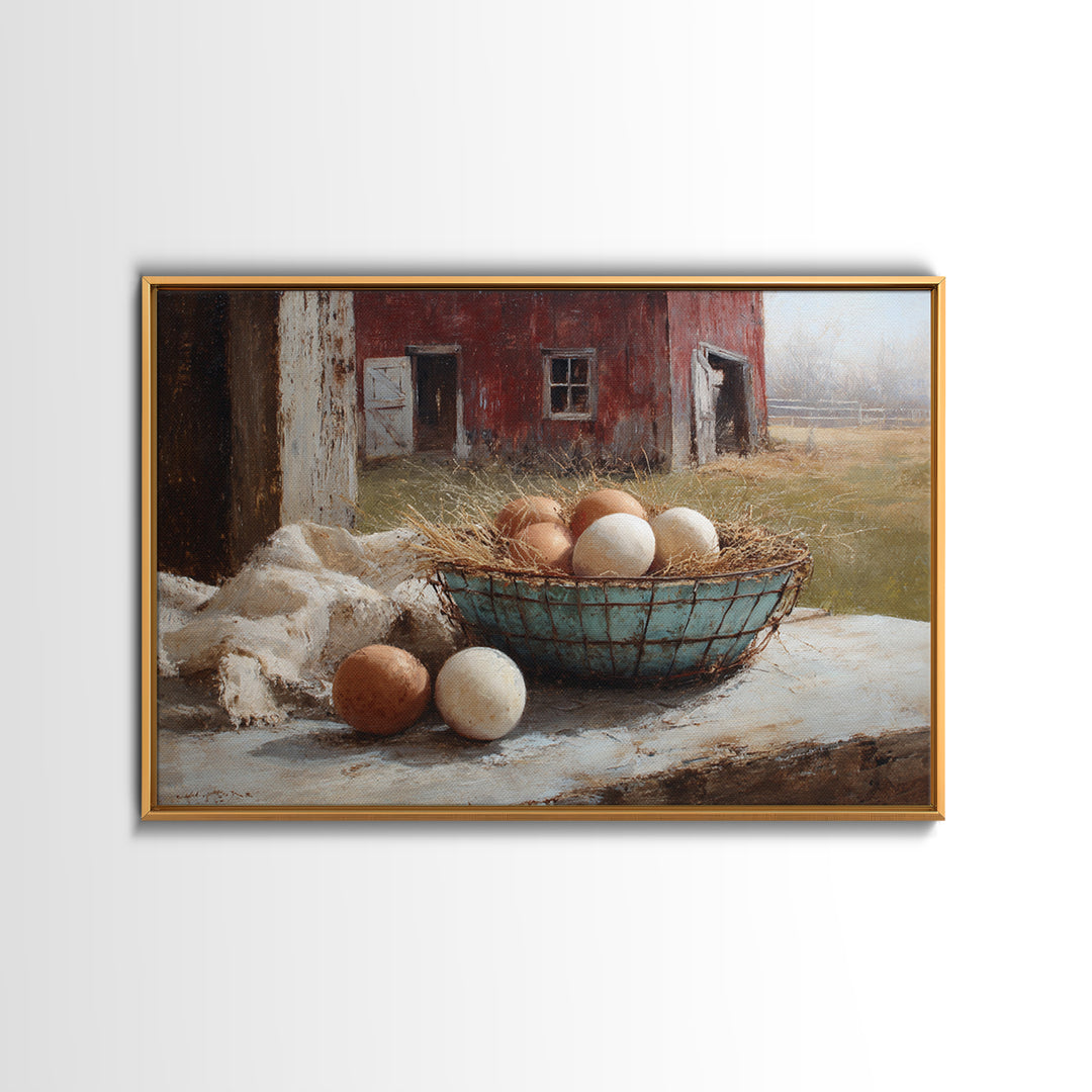 Fresh Eggs in a Wire Basket Framed Canvas Print, Farmhouse Art, Floral Wall Art, Farmhouse Decor, Oil Painting, Harvest, FAR-3x2-82