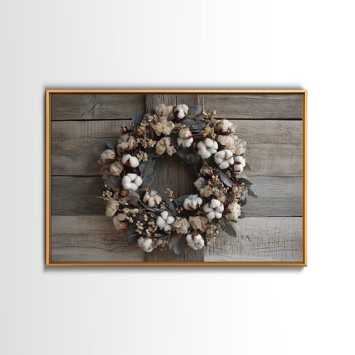 Farmhouse Wreath of Cotton Stems and Eucalyptus Framed Canvas Print, Farmhouse Art, Art Print, Farmhouse Decor, Harvest, FAR-3x2-96