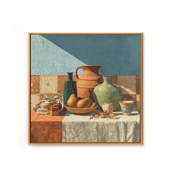 Pear Still Life on Linen Tablecloth Framed Canvas Print, French Country Art, Above Bed Art, Farmhouse Decor, Abstract Art, FCA-1x1-100