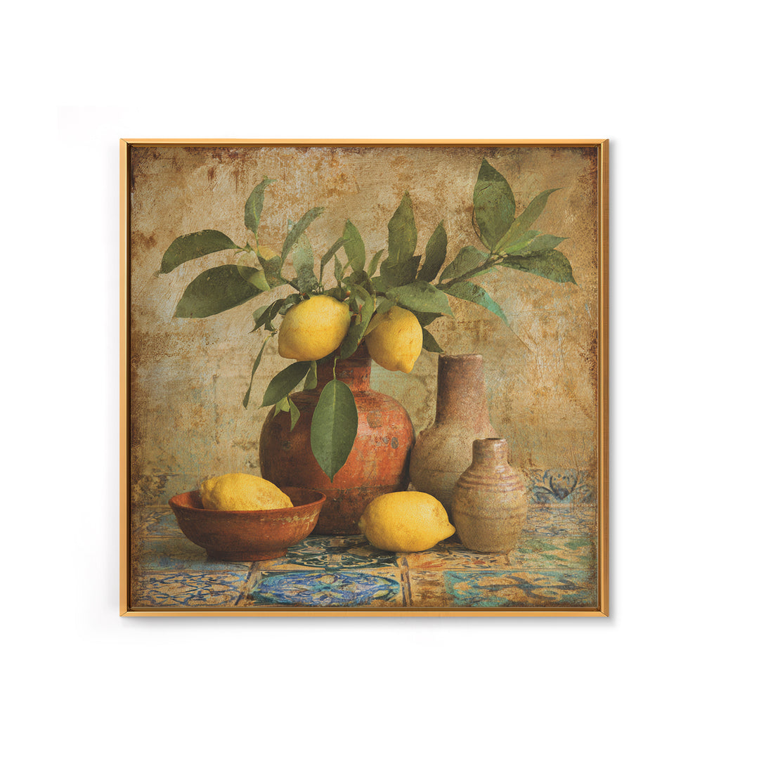 Aged Botanical Plate of Lemons and Leaves Framed Canvas Print, French Country Art, Digital Art, Farmhouse Decor, Oil Painting, FCA-1x1-12