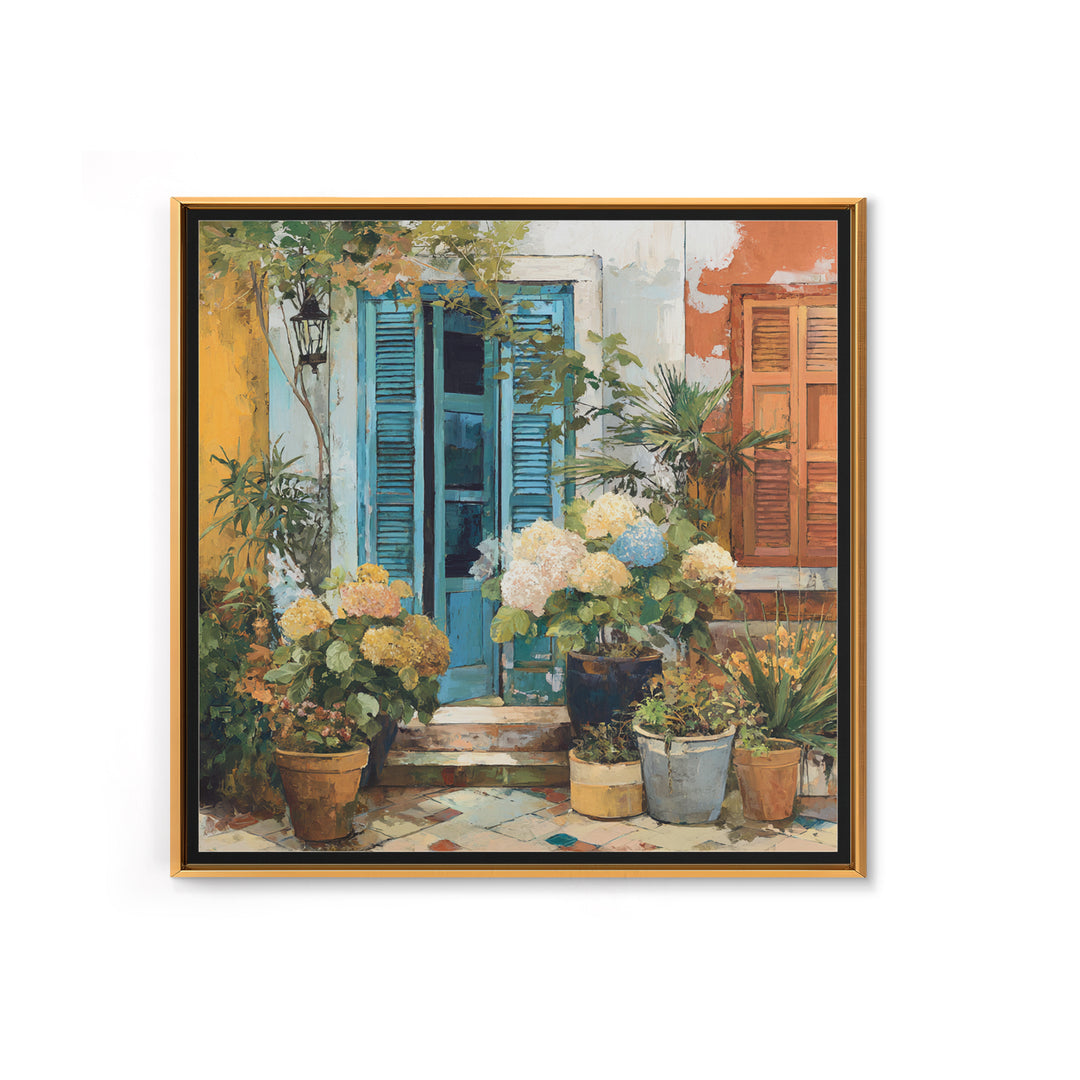 Soft Hydrangeas Beside Antique Shutters Framed Canvas Print, French Country Art, Home Decor, Farmhouse Decor, Fine Art, Country, FCA-1x1-32