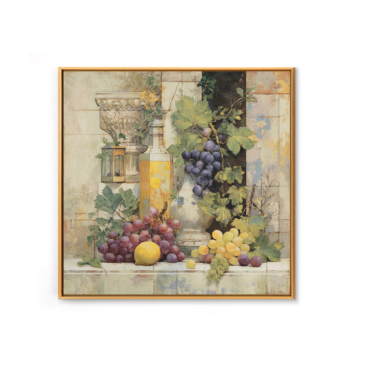 Grapes and Wine Still Life Framed Canvas Print, French Country Art, French Country Decor, Farmhouse Decor, Abstract Art, FCA-1x1-33