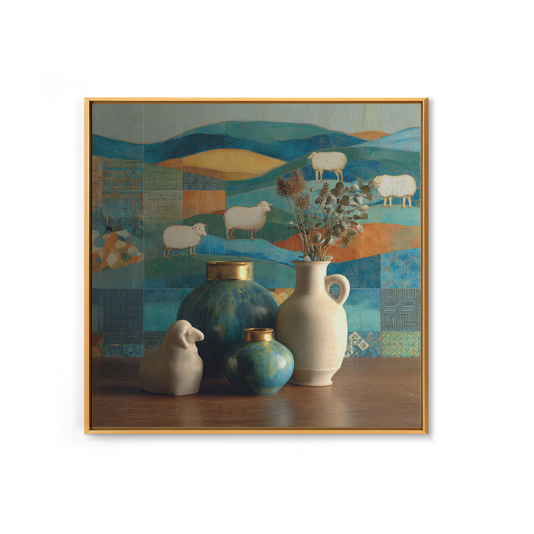 Pastoral Sheep in Rolling Countryside Framed Canvas Print, French Country Art, Floral Wall Art, Farmhouse Decor, Country, FCA-1x1-38