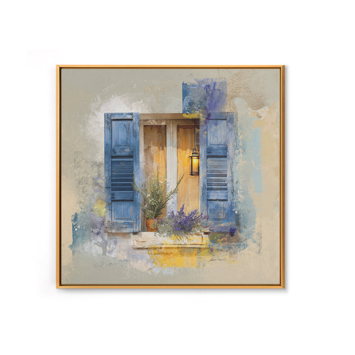 Weathered Window with Blue Shutters Canvas Print, French Country Art, Botanical Wall Art, Farmhouse Decor, Watercolor Art, FCA-1x1-45